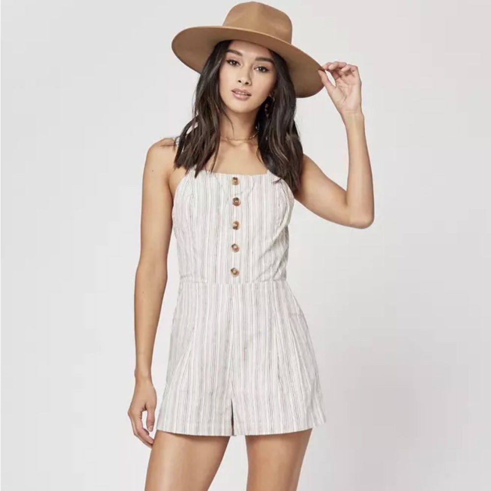 Lost + Wander Cream Striped Button-Front Romper